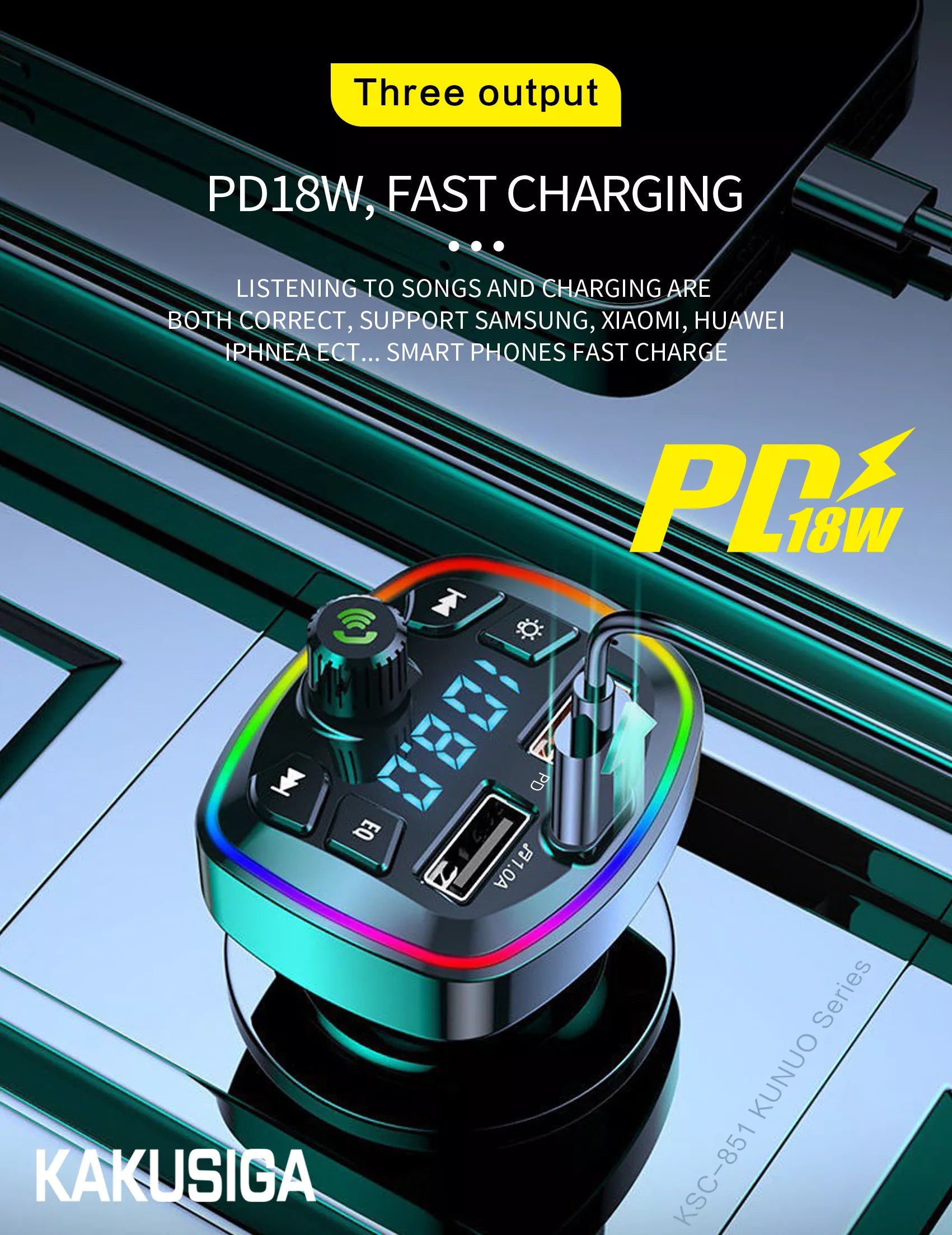 Transmitter FM Bluetooth MP3 - 2XUSB + TYPE C - PD 18W BLACK