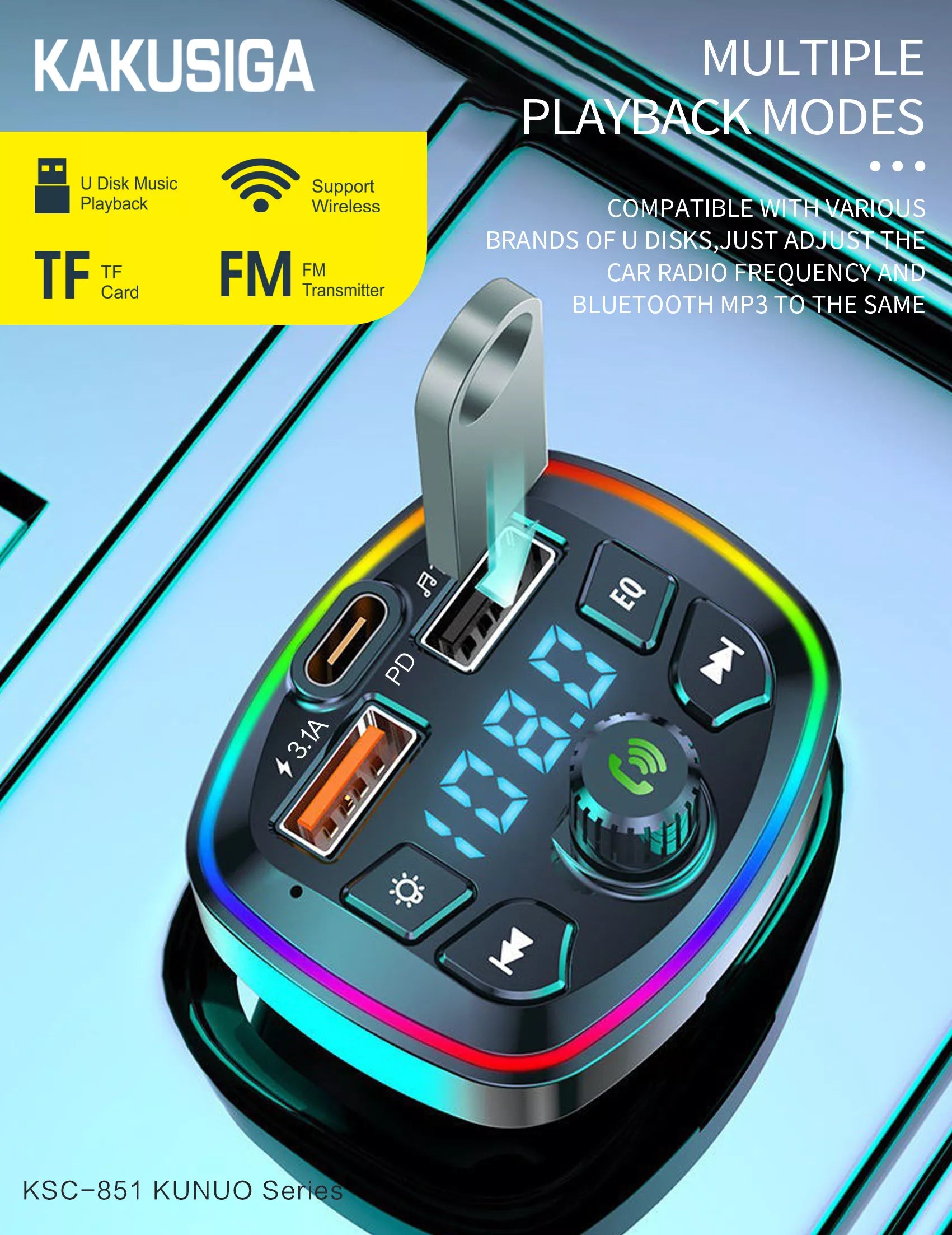 Transmitter FM Bluetooth MP3 - 2XUSB + TYPE C - PD 18W BLACK